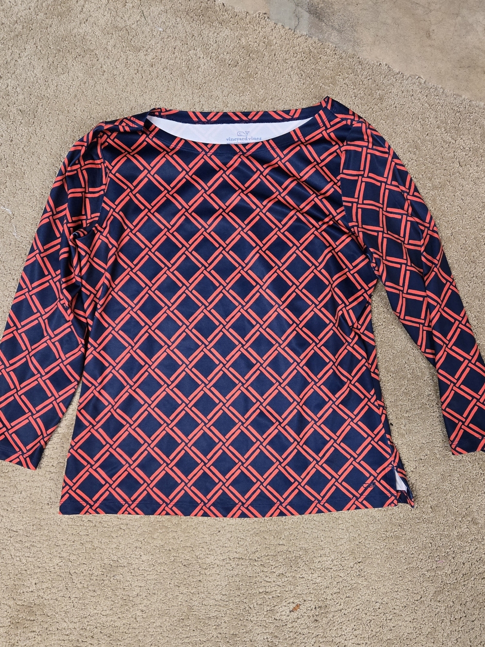Vineyard Vines Navy & Coral Lattice Long Sleeve Top